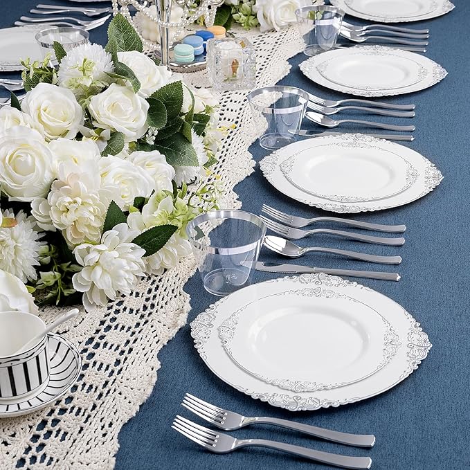 YOUBET 600PCS Silver Plastic Plates - White and Silver Disposable Plates - Silvery Plastic Dinnerware Set - Include 200 Plates, 300 Heavy Duty Silverware, 100 Cups for Wedding & Party
