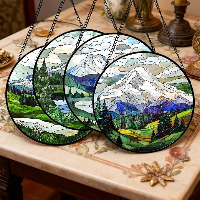 Stained Glass Window Hanging 4 Pcs Set Mountains Lake Green White Landscape 7.8" - Suncatcher Door Garden Sun Catcher Decor Birthday Christmas for Mom Woman Nana Men