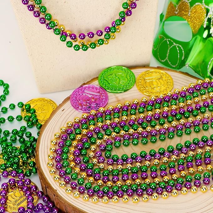 200PCS Mardi Gras Beads, 33" Bead Necklace, Mardi Gras Accessories, Purple Gold Green Party Beads Parade Throws Bulk for Christmas Pirate Wedding Birthday Party Supplies Decor