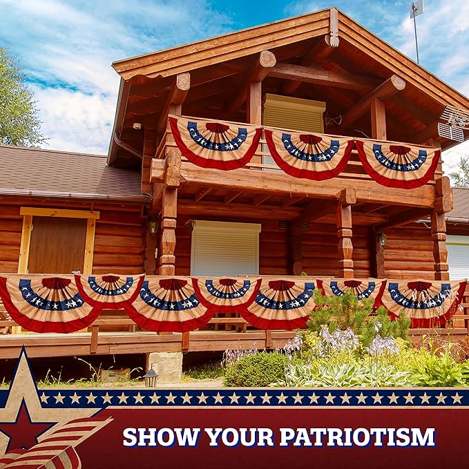 G128-3 Pack: USA Tea Stained Pleated Fan Flag 2x4FT Burlap Embroidered Polyester Stars and Stripes