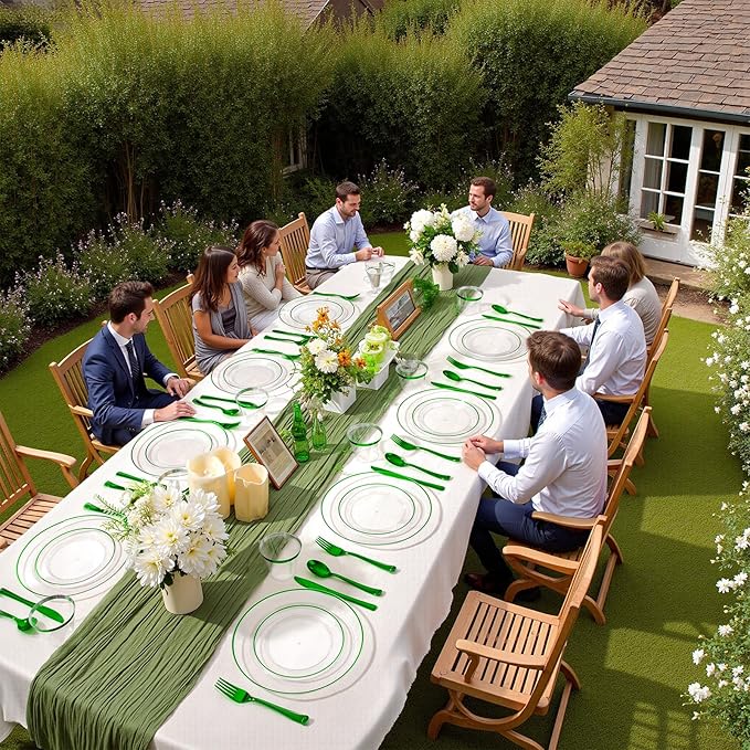 SUT 175 Pcs Green and Clear Plastic Dinnerware Set for 25 Guests, Include: 25 Dinner Plates, 25 Dessert Plates, 25 Pre Rolled Napkins With Silverware, 25 Cups, Disposable Plates for Party