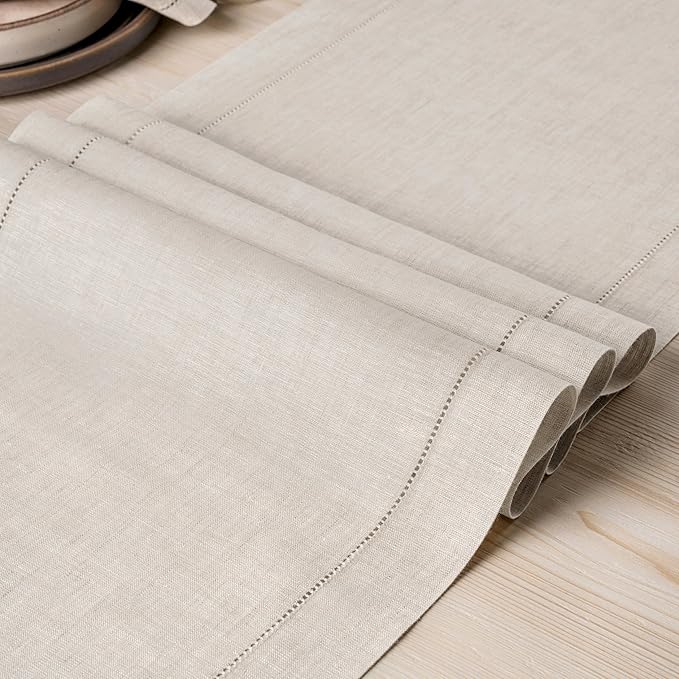 D'Moksha Homes Linen Light Natural Table Runner 120 Inches Long - 100% Pure Linen Hemstitch 14 x 120 Inch Table Runner for Dining, Valentines, Spring, Easter - Classic Hemstitch
