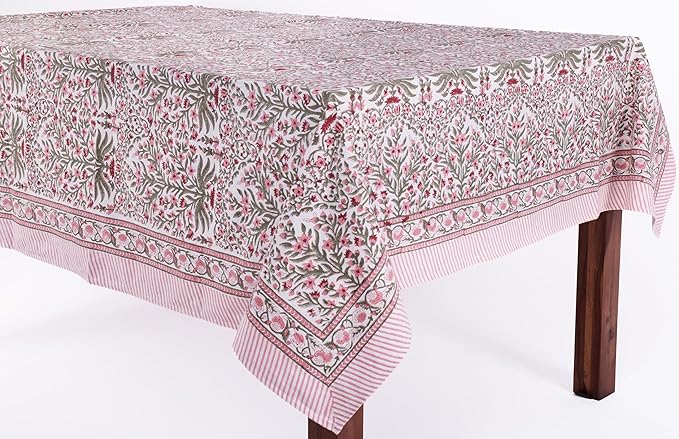 ATOSII Nargis Pink 100% Cotton Square Boho Spring Tablecloth, Handblock Floral Table Cloth Linen for Kitchen Dining I Parties Wedding Outdoors Easter Holidays Home Decor 60 X 60 Inches I 4 Seater
