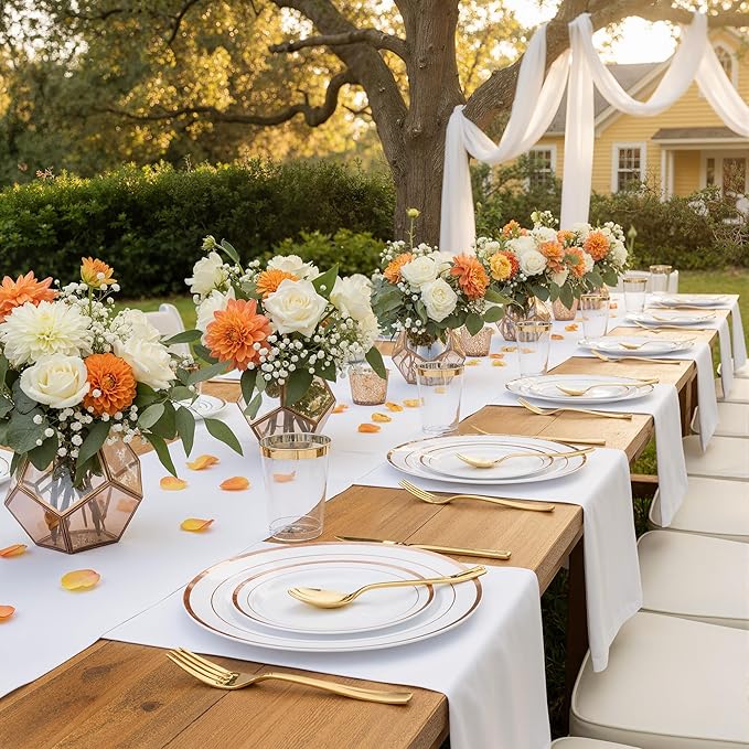 175 Pcs Rose Gold Disposable Plates for 25 Guests, Disposable Plastic Plates, Dinnerware Set Include 25 Dinner Plates, 25 Salad Plates,25 Cups, 25 Paper Napkins for Party, Wedding