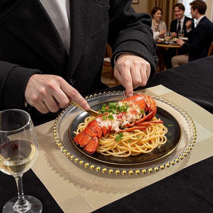 KIRE 350 PCS Plastic Dinnerware Set for 50 Guests - Black and Gold Plates 50 for Dinner 50 for Dessert & 50 Pre Rolled Napkins with Disposable Silverware 50 Cups for New Year/Banquet/Wedding