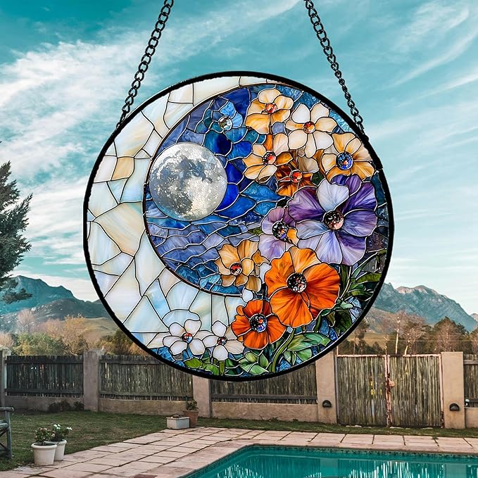 Stained Glass Window Hanging - Blue White Moon Suncatcher for Door Terrace Garden Home Decor Colorful Flowers Sun Catcher Birthday Gifts for Lovers Women Men Dad Mom Nana 11.8 in