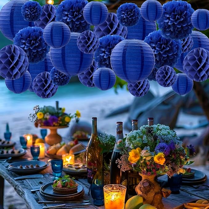 WOLHOWLTD Navy Blue Paper Decoration Set - 34 Pcs Paper Lanterns, Pompoms, Honeycomb for Wedding,Ocean Theme, EID Mubarak,School Day,Baby Shower, Birthday Party Classroom,Home Decoration (Navy Blue)