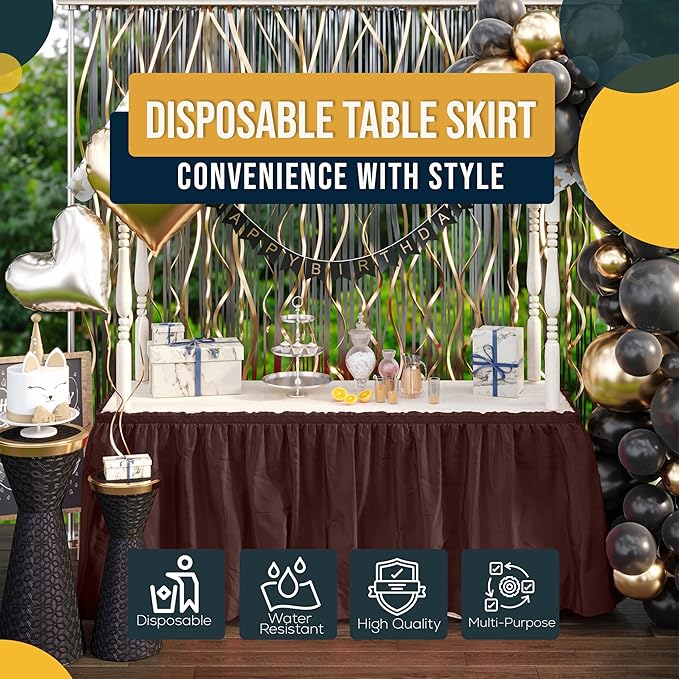 Exquisite Ruffle Table Skirt Brown 48 Pack 14 Ft Long Table Skirts for Rectangle Tables 6ft Plus or Round Tables Skirts with Adhesive Strip for Gender Reveal Decor & Happy Birthday Parties