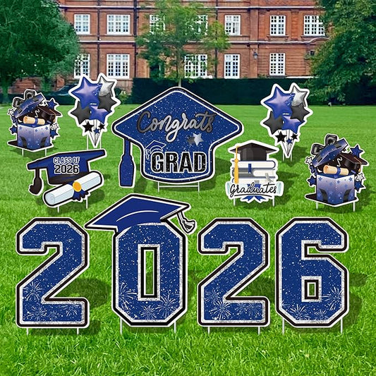 Large 11 PCS Graduation Yard Signs, Class of 2026 Congrats Grad Outdoor Lawn Yard Sign with Stakes, Graduate Yard Decorations for College High School Party, Black and Blue