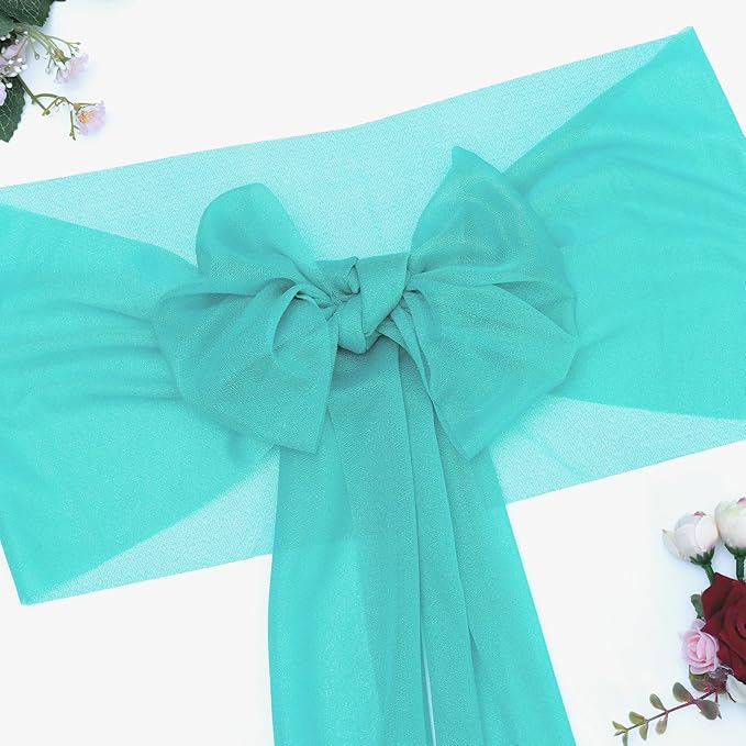 VDS Pack of 125, Teal, Sheer Chiffon Chair Sashes Bows Chair Cover Back Tie Ribbon for Wedding Birthday Baby Shower Engagement Ceremony Event Party Banquet Restaurant Dining Chair Decoration