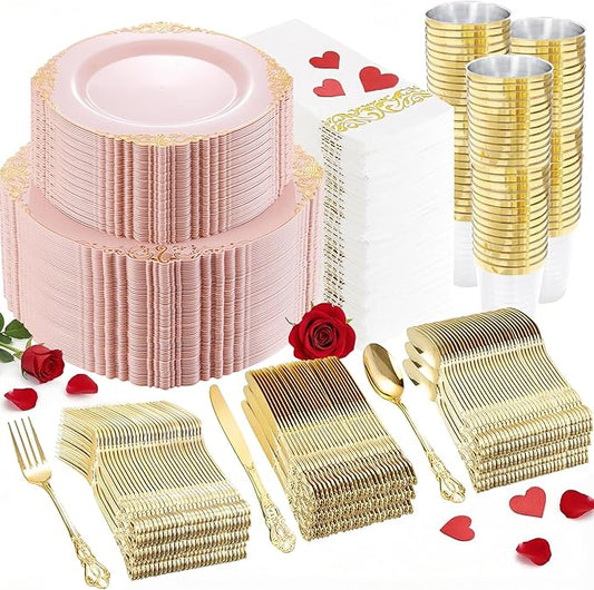 YOUBET 700PCS Pink Plastic Plates - Pink and Gold Plates - Luxury Pinks Dinnerware Set Include 200 Disposable Plates, 300 Heavy Duty Silverware, 100 Cups, 100 Napkins for Wedding Party Valentines Day