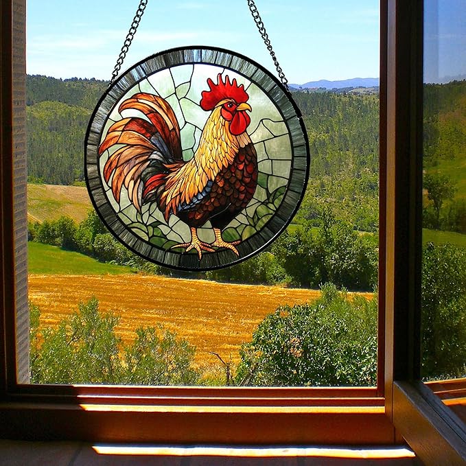 Stained Glass Window Hanging - Rooster Suncatcher for Doors Garden Patio Retro Colored Chicken Sun Catchers Decor Christmas Mother's Day Birthday Gifts for Women Men Mom Nana Friend 11.8 in