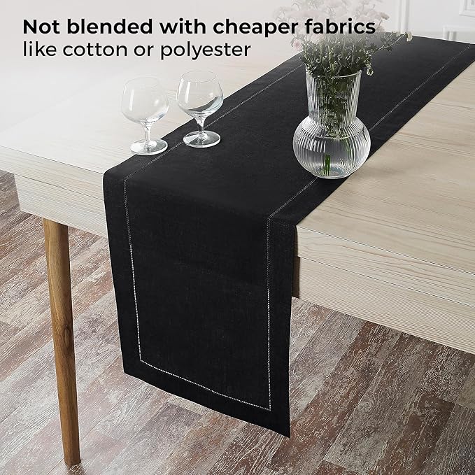 D'Moksha Homes Linen Black Table Runner 144 Inches Long - 100% Pure Linen Extra Long Table Runner 14 x 144 Inch for Spring, Easter - Classic Hemstitch