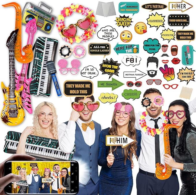 SOUL SHIFT 70 Pc Large Premium Photo Booth Props Set for All Occasions - Wedding Props, Birthday Props, Graduation Prop, Inflatables, Large Glasses, Multi-Colored Wig, Hawaiian Lei, Hand Pump