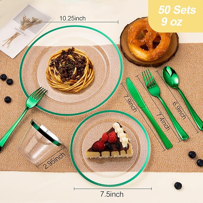 Beststar 350PCS Green and Clear Plastic Dinnerware Sets for 50 Guests, Include 100 Green Disposable Plates, 100 Forks, 50 Knives, 50 Spoons, 50 Cups