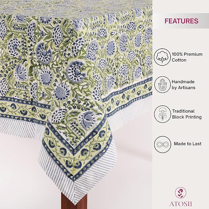 ATOSII Amara Green 100% Cotton Square Fall Tablecloth, Handblock Floral Print Linen Table Cloth for Kitchen Dining I Weddings, Outdoors, Parties, Easter I Fall Decor 60 X 60 Inches I 4 Seater