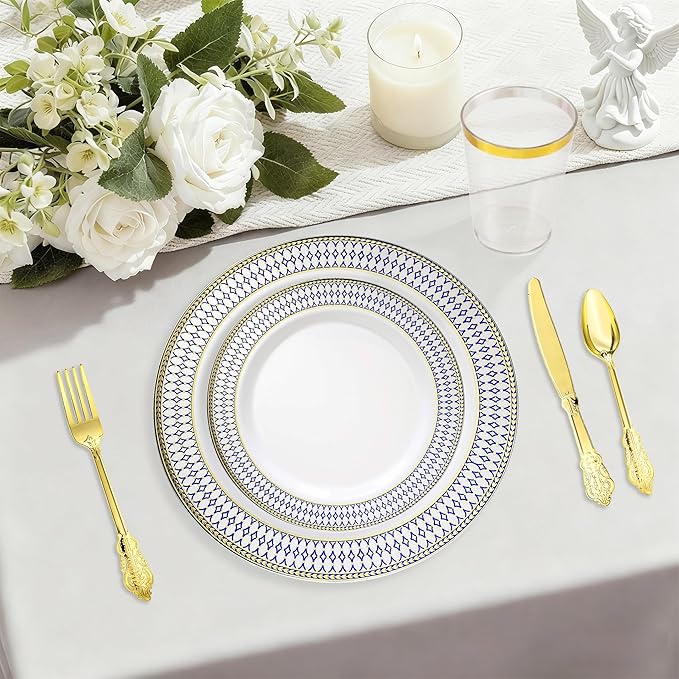 MENDENG 350Pcs Plastic Plates for Party Plates Disposable Heavy Duty Platos Desechables Elegantes, Thanksgiving Christmas Plates Disposable with Cups and Napkins and Gold Cutlery Set