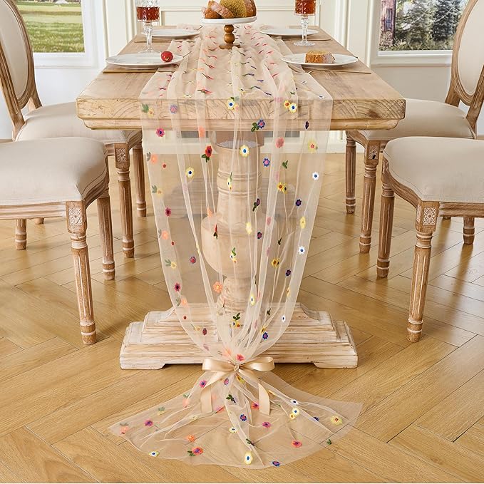 6PCS Champagne Floral Table Runner 10 FT, Embroidery Daisy Table Runners Seasonal Spring Summer Sheer Tulle Dining Table Decor for Home Party Birthday Decor 29x120 Inch ﻿