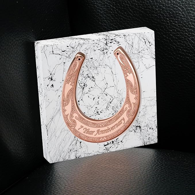 Copper Horseshoe with Wooden Stand - 7 Year Anniversary, Lucky Copper Decor, 7th Anniversary Keepsake for Him, Her or Couple, Symbol of Strength and Love