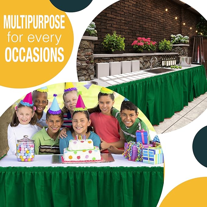 Exquisite Ruffle Table Skirt Emerald Green 12 Pack 14 Ft Long Table Skirts for Rectangle Tables 6ft Plus or Round Tables Skirts with Adhesive Strip for Gender Reveal Decor & Happy Birthday Parties