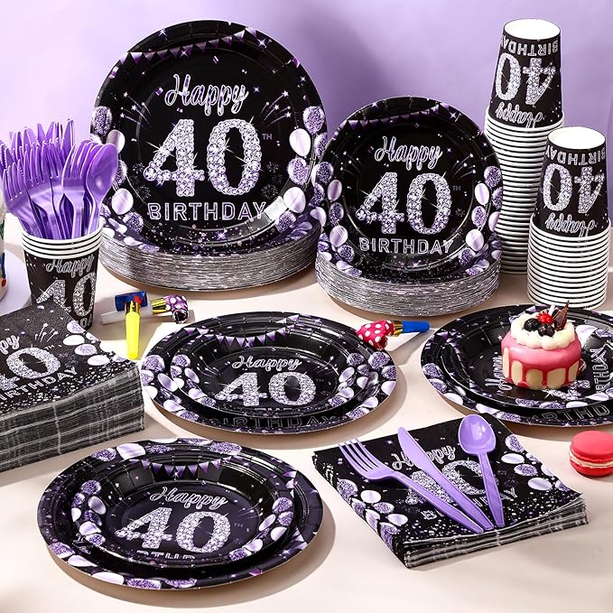 Pickmesh 400 Pcs 40th Birthday Party Supplies Purple Black Happy 40th Birthday Decorations Include Disposable Paper Plates Napkins Cups Cutlery for Men Women Party Serve 50