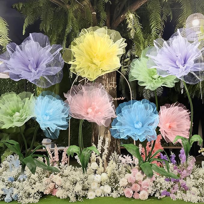 Leinuosen 5 Pcs Giant Flowers Decoration Large Organza Flowers with Stand Huge Poppy for Spring Tea Bridal Shower Wedding Birthday Party Entrance Decor Corporate Event Photography Booth Indoor Outdoor