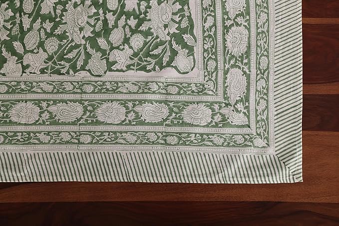 ATOSII Meraki Green 100% Cotton Fall Tablecloth, Handblock Print Rectangle Table Cover for Kitchen Dining Linen I Parties, Thanksgiving, Christmas, Wedding, Table Cloth I 72 X 108 Inches I 8 Seater