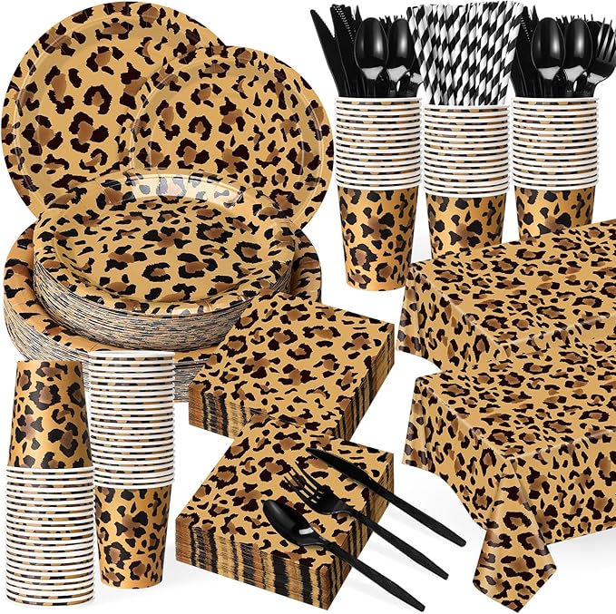 452 Pcs Leopard Print Party Decoration, Cheetah Print Paper Plates Napkins Cups Tablecloth Cutlery Straws for Jungle Safari Animal Theme Birthday Baby Shower Party Supplies Serve 50