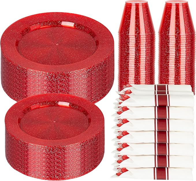 DaYammi 350 Pieces Red Glitter Dinnerware Set 50 Guest for Party- 50 Dinner Plates, 50 Dessert Plates -50 Per Rolled Napkins with Red Cutlery - 50 Disposable Cups 9 OZ