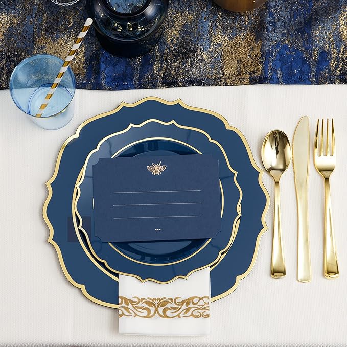 200 PCS Premium Blue Plastic Plates for 25 Guests, Heavy Duty Blue and Gold Disposable Plate, include 25 Plastic Dinner/Dessert Plates, 75 Silverware Set, 25 Cups, Straws for Party Christmas