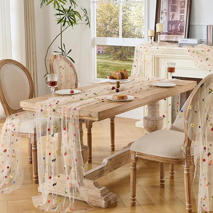 6PCS Champagne Floral Table Runner 10 FT, Embroidery Daisy Table Runners Seasonal Spring Summer Sheer Tulle Dining Table Decor for Home Party Birthday Decor 29x120 Inch ﻿