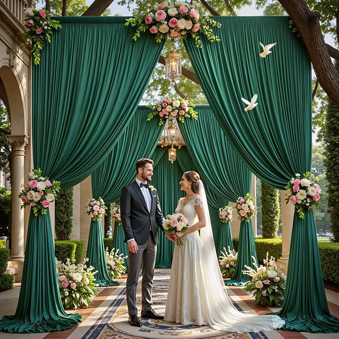 gogoparti 20x12ft Hunter Green Backdrop Curtain for Wedding Parties, 4 Panels (5x12 ft Each) Wrinkle-Free Dackdrop Curtains, Silky Draping Fabric for Birthday Party, Baby Shower, Photo Background