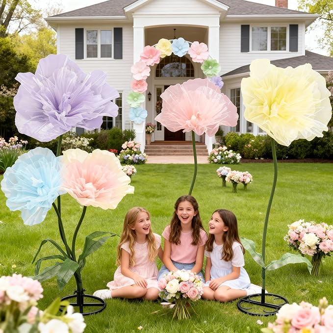 Leinuosen 5 Pcs Giant Flowers Decoration Large Organza Flowers with Stand Huge Poppy for Spring Tea Bridal Shower Wedding Birthday Party Entrance Decor Corporate Event Photography Booth Indoor Outdoor