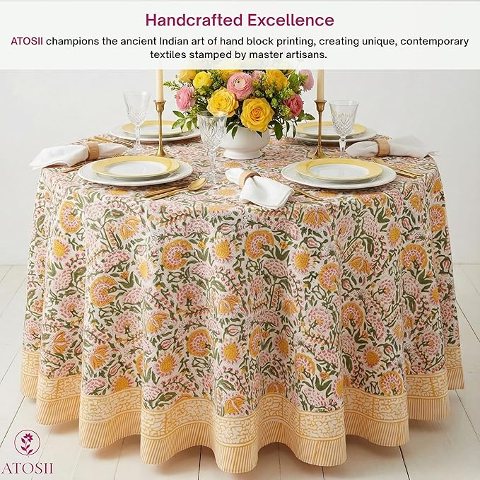 ATOSII Clover Yellow 100% Cotton Round Tablecloth, Handblock Print Floral Table Cloth for Kitchen Dining Linen I Parties, Weddings, Outdoors, Christmas, Thanksgiving I Fall Home Decor 60" Inches Round