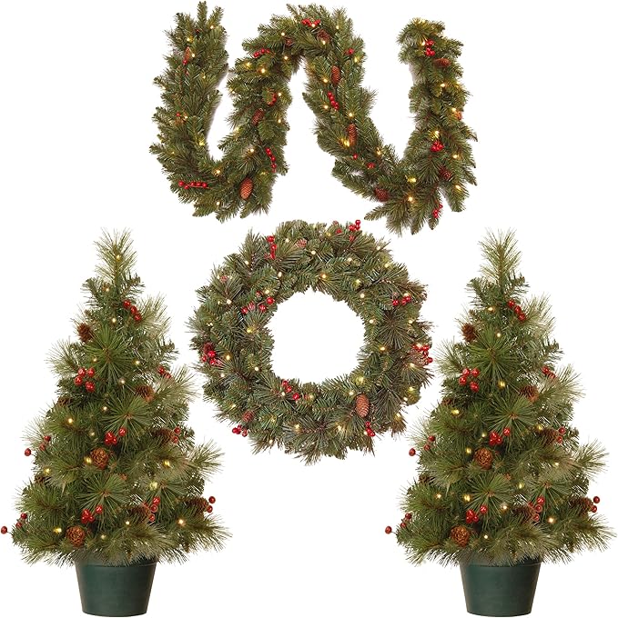 National Tree Company Pre-Lit Everyday Collection Artificial Christmas Decoration Set with LED Lights, Includes 2 Mini Christmas Trees,1 Wreath, and 1 Garland, Set of 4