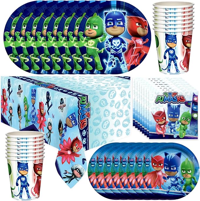 PJ Masks Birthday Party Supplies - Serves 24 Guests - Dinnerware Deluxe Set - Tablecloth, Plates, Napkins & Cups