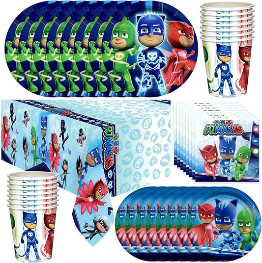 PJ Masks Birthday Party Supplies - Serves 24 Guests - Dinnerware Deluxe Set - Tablecloth, Plates, Napkins & Cups