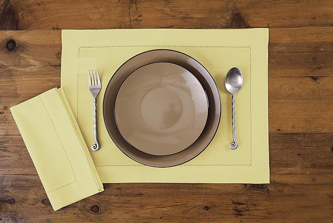 Solino Home Yellow Placemats Set of 4 - Cotton Linen Hemstitch Placemats 14 x 19 Inch for Spring, Easter