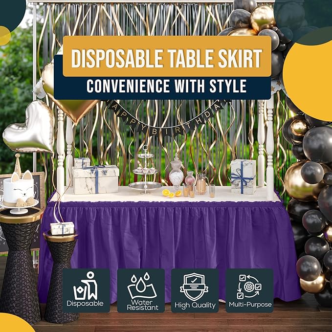 Exquisite Ruffle Table Skirt Purple 48 Pack 14 Ft Long Table Skirts for Rectangle Tables 6ft Plus or Round Tables Skirts with Adhesive Strip for Gender Reveal Decor & Happy Birthday Parties