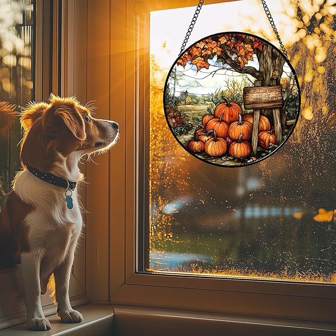Stained Glass Window Hanging Fall Farm Scenery Maple Trees Pumpkin 9.8" - Suncatcher Door Garden Kitchen Sun Catcher Autumn Decor Birthday for Mom Nana Men Woman Friend