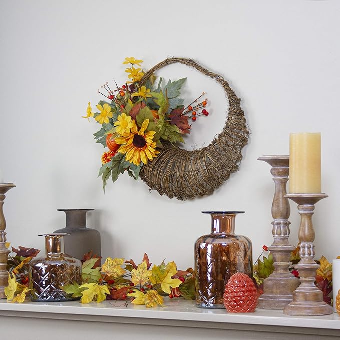 Cornucopia and Sunflower with Pumpkins Artificial Thanksgiving Wreath - 20-Inch, Unlit