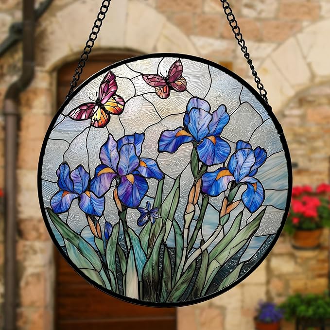 Stained Glass Window Hanging, Blue Iris Flowers Butterfly Suncatcher Diamond Colorful Glass Panel Sun Catchers Decor for Birthday for Women, Men, Wife, Aunt, and Mom 11.8 in
