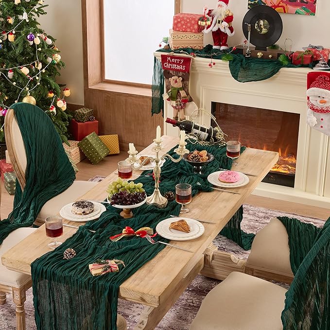 6 Pack Christmas Table Runner 120 Inch Boho Rustic Gauze 10 FT Emerald Green Cheese Cloths Table Runners Decorations for Spring Summer Birthday Party Baby Shower Wedding Holiday Home Decor