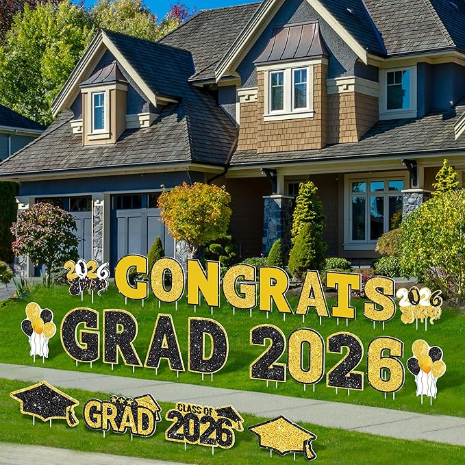 ANVAVO 2026 Congrats Grad Yard Signs Graduation Waterproof Decorations Graduation Yard Sign Decor Grad Party Outdoor Lawn Decor with Stakes, Black and Gold