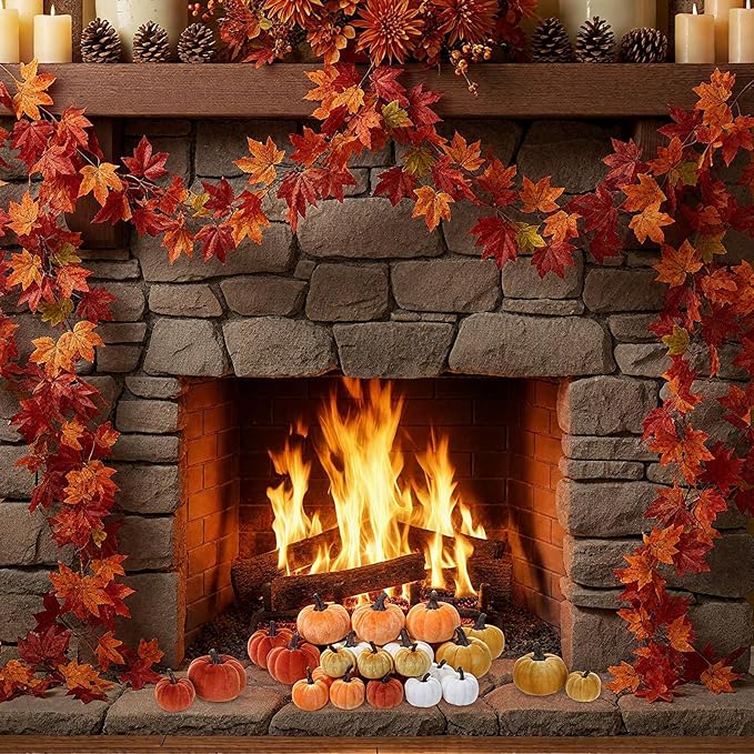 2 Pcs Artificial Maple Leaf Rattan Garland 24 Harvest Velvet Foam Fabric Pumpkins Decorative for Home Farmhouse Fireplace(Orange)