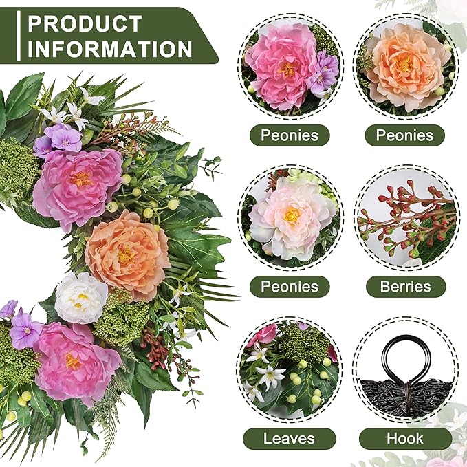 24 Inch Spring Wreath for Front Door with Peony Hydrangea Silk Flowers with Berry Greenery for All Seasons Porch Wedding Wall Farmhouse Porch Wall Living Room Home Widding Decor