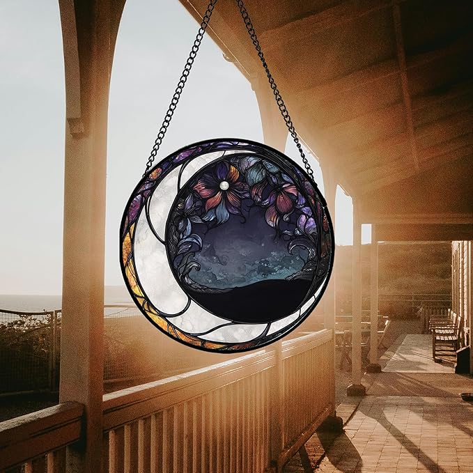 Stained Glass Window Hanging - Black and White Moon Sun Catcher for Door Terrace Garden Home Decor, Abstract Plant Flower Suncatcher Birthday Gifts for Lovers Women Men Dad Mom Nana 11.8 in