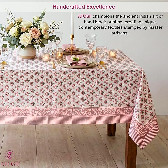 ATOSII Gulbahar White Pink 100% Cotton Fall Rectangle Tablecloth, Hand Block Print Washable Table Cover, Christmas Parties Buffet Dining, Weddings, Thanksgiving, Halloween, 60 X 108 Inches 8 Seater