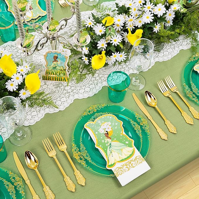 Hioasis 350pcs Green and Gold Plastic Plates - Green Party Plates for 50 Guest, Include 100 Heavy-duty Plates(20% Thicker Than Standard), 150 Cutlery Set, 50 Napkin, 50 Cups