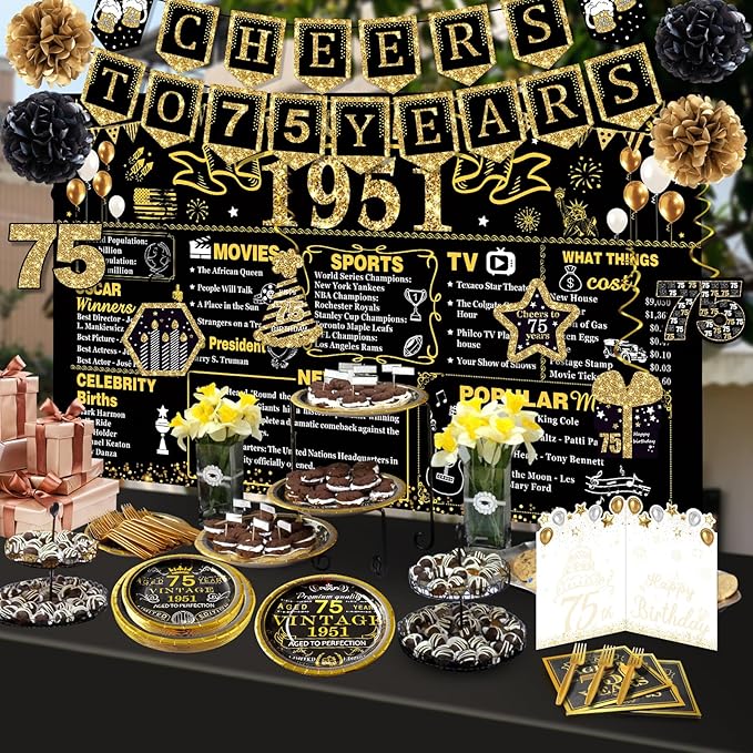 75th Birthday Decorations for Men Women, 103 PCS Back in 1951 Decorations, Vintage 75th Birthday Party Tableware Set for men,Backdrops,Card, Banner, Paper Poms,Hanging Swirl, Tableware for 24 Guests